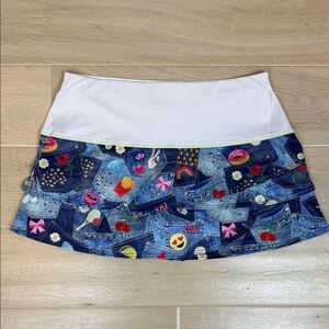 Lucky In Love Tennis Skirt | Denim print skort with emojis | Girls Size L (14)